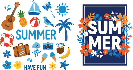 Summer vacation elements collection with tropical icons, flowers and typography colorful vector illustration set for seasonal design © MdRissalat