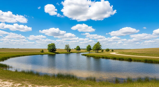 Scenic landscape with a calm pond, rolling green hills, and a clear blue sky with fluffy white clouds in summer