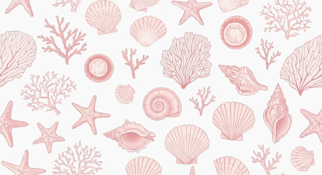Seamless pattern with handdrawn seashells, starfish and corals