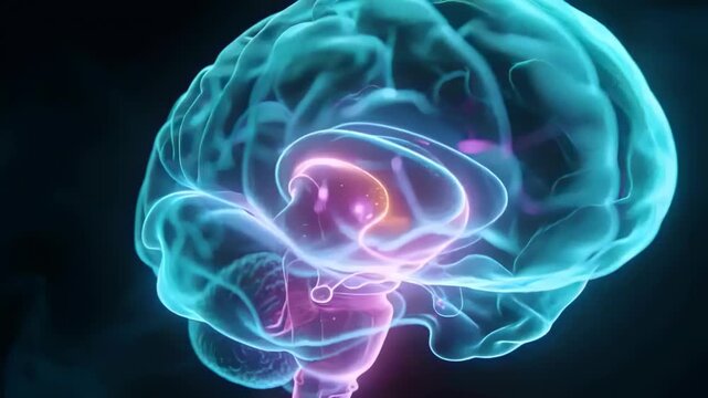 Starting teal cortex, rotating 3D brain pulsing core and particles in dark studio for medical study