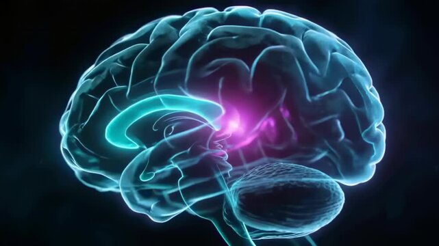Pulsing magenta core driving cyan brain model activation into callosum in dark studio