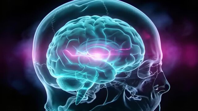 Animating skull with brain in void, magenta nucleus brightening signaling midbrain, beam extending