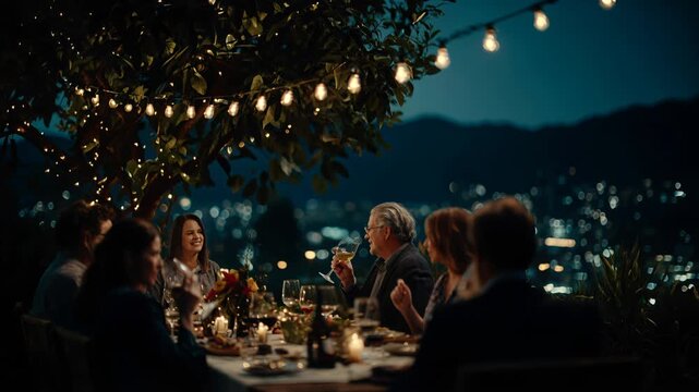 Friends gather for dinner under string lights with city view at night
