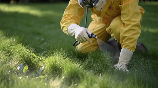 Person sprays herbicide on weeds in a grassy area during the afternoon in a suburban yard