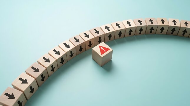 Single wooden block with a warning symbol standing out from a curved line of blocks with downward arrows, representing a deviation