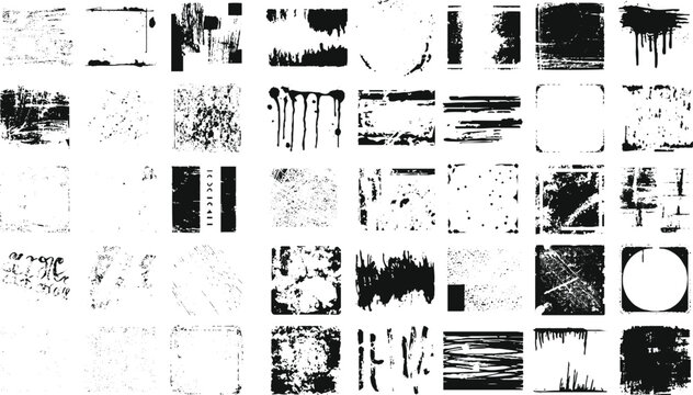Black and White Grunge Texture Pack, Ink Brush Strokes, Distressed Scratch Marks, Abstract Stamps and Rough Textures, Vintage Monochrome Design Elements Set.