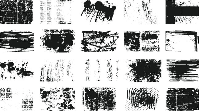 Black and White Grunge Texture Pack, Ink Brush Strokes, Distressed Scratch Marks, Abstract Stamps and Rough Textures, Vintage Monochrome Design Elements Set.