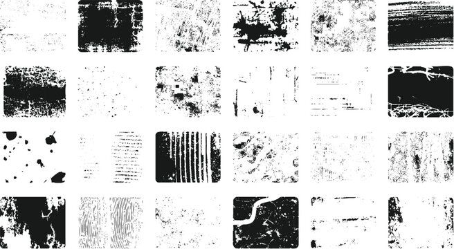 Black and White Grunge Texture Pack, Ink Brush Strokes, Distressed Scratch Marks, Abstract Stamps and Rough Textures, Vintage Monochrome Design Elements Set.