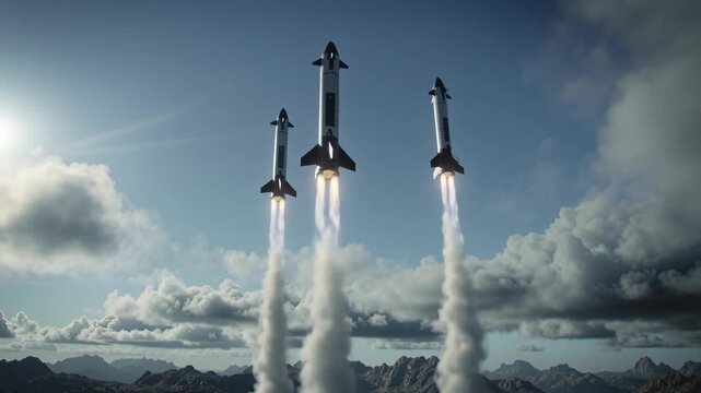 Rockets launch into the sky over mountains with clouds in the background at a remote location