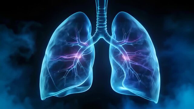 Pulsing lungs with magenta nodes activating along bronchi and trachea in frontal view for breathing