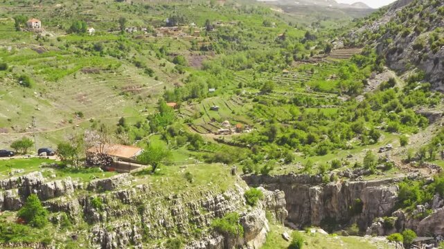 Baatara Gorge Tannourine, Lebanon, Three Bridges Chasm and Waterfall, Cinematic Aerial Flyover Shot with Drone