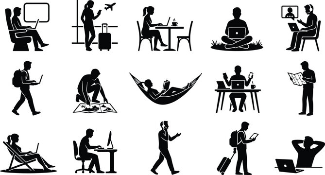 Remote Work and Travel Lifestyle Silhouette Set, Digital Nomad Activities Vector