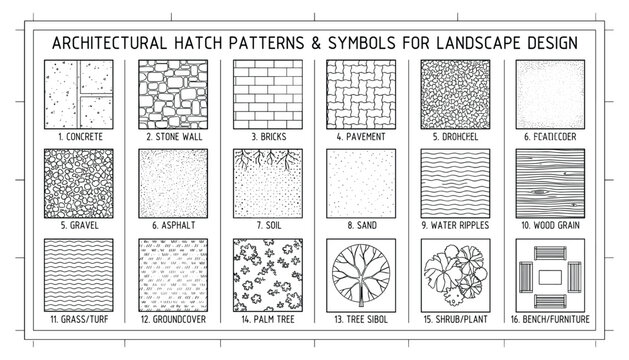 Architectural hatch patterns and symbols for landscape design vector elements on transparent background.