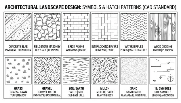 Architectural landscape design symbols and hatch patterns cad standard vector illustration transparent background.