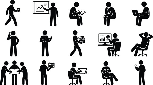 Office Worker Silhouette Set, Business Activities, Daily Work Routine Vector Icons