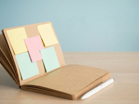 Notebook with colorful sticky notes and pen