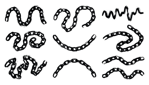 Set of vector chains with brush stroke effect on transparent background.