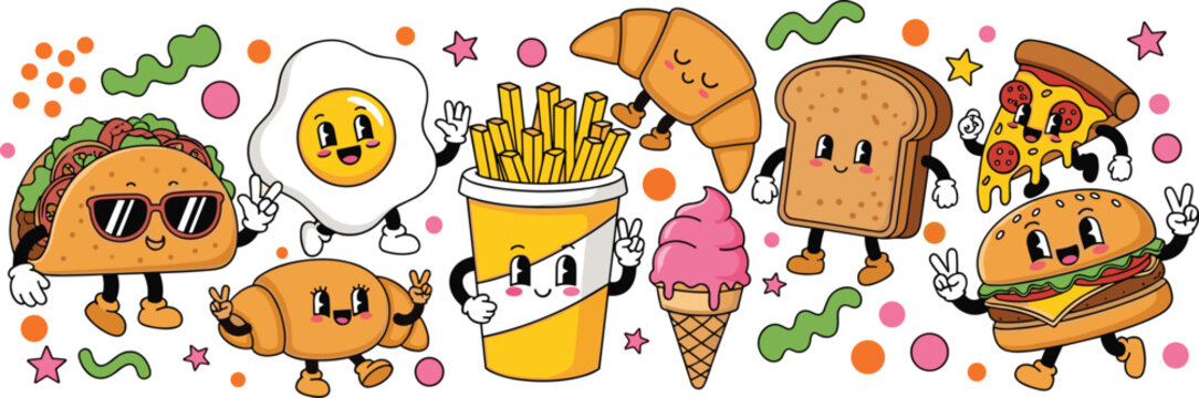 Collection of retro vintage food mascot characters in rubber hose style featuring pizza, burger, taco, egg, and fries for branding.
