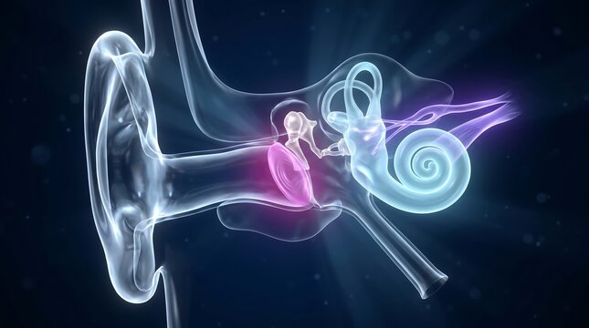 Human ear anatomy cross section 3D medical illustration with cochlea ossicles auditory nerve glowing translucent glass detail