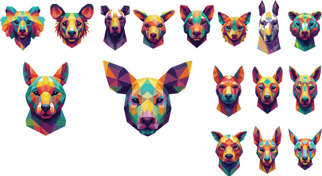 Low poly geometric animal head portraits set, colorful dog and wildlife