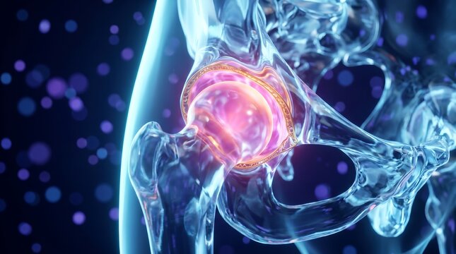 3D Medical Illustration of Hip Joint Acetabulum and Femoral Head with Arthritic Inflammation Glow in Translucent Crystal Bone Structure