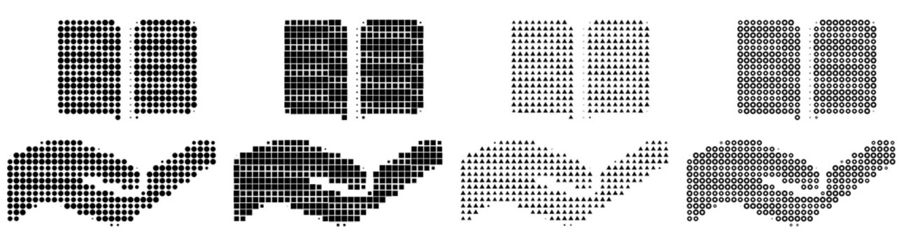 Retro halftone icon collection - knowledge sharing. Education learning and school academic resources. Vintage dot pattern illustration. Retro newspaper printing style.