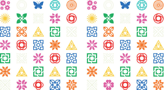 Geometric Symbol Illustration Featuring Floral and Abstract Designs in Vector Artwork