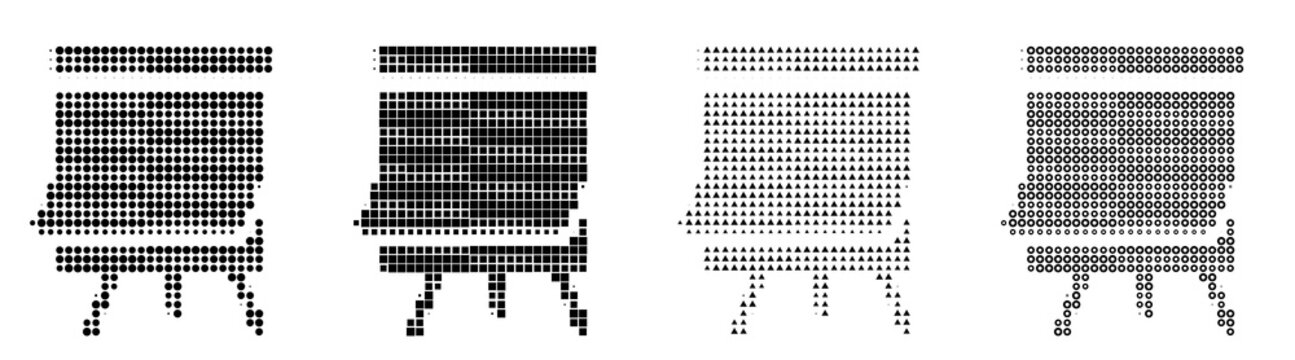 Modern halftone icon bundle - flip chart. Education learning and school academic resources. Bold dot-pattern design. Classic comic book look. Retro newspaper printing style.
