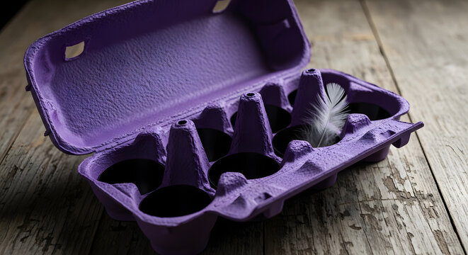 Purple plastic egg carton with cracked eggshells on rustic wooden table for sustainable food waste concept