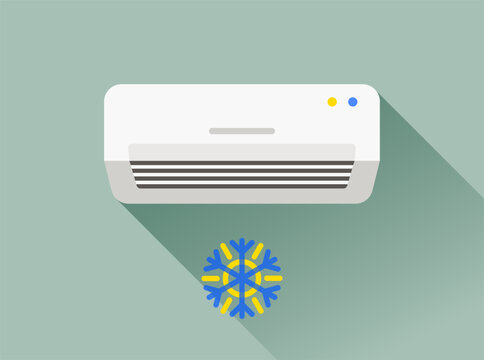 Modern air conditioner unit with snowflake symbol indicating cooling function. A illustration of a split system air conditioner mounted on a green wall, with a blue and yellow snowflake icon below it