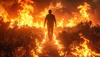 Obraz premium Silhouette of a man walking through a raging wildfire landscape.