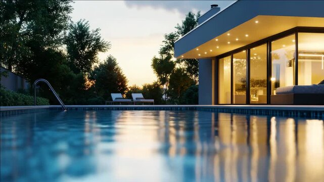 An upscale pool setting with a house in the background. Reflections of sky and building on the water's surface during the golden hour.