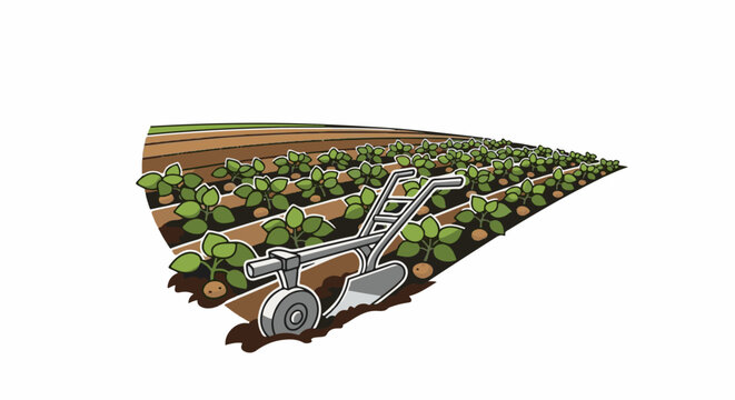 A hand-pushed plow works a field with rows of young plants