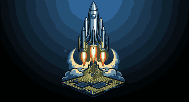 A pixelated rocket launching from a circuit board in a dark, circular background