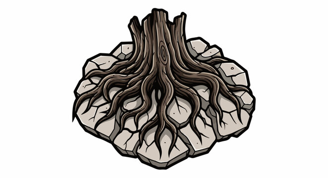 Ancient tree trunk with roots entwined among cracked stone formations