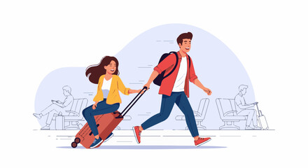 Fototapeta premium Couple with luggage rushing through an airport terminal
