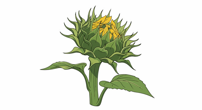 An emerging yellow flower, partly enclosed by green sepals and leaves