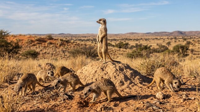 Heartwarming shot group of meerkats with one individual standing upright on hind legs atop mound serving as lookout scanning horizon others forage nearby

