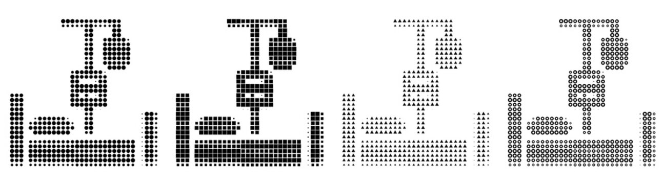 Retro halftone icon collection - hospital bed with iv machine. Healthcare medical and patient treatment. Vintage dot pattern illustration. High-contrast monochrome detail.