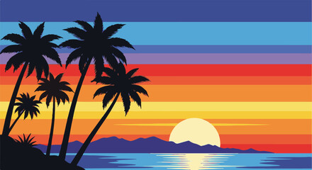 Fototapeta premium Silhouettes of palm trees against a vibrant, striped sunset over the ocean