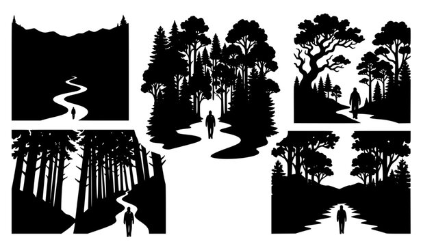 Lonely person forest silhouettes vector set solitude isolation nature illustration