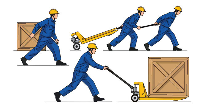 Manual hand pallet jack used by workers for moving heavy wooden crates, demonstrating warehouse logistics and material handling
