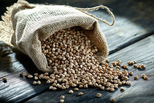 Raw buckwheat groats spilling out of a burlap sack on a dark rustic wooden table healthy organic food ingredients side lighting top view close-up