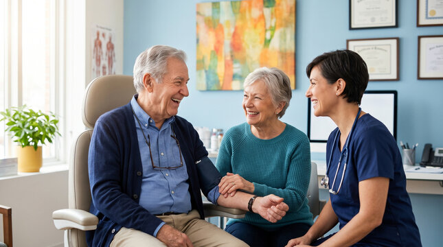 Elderly couple smiling during checkup with female doctor in clinic  