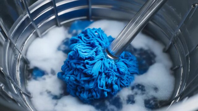 The tablet shows a blender filled with blue goop that appears to be foaming or mixing. There is something resembling a sponge or soft material inside the blender that is turning blue.