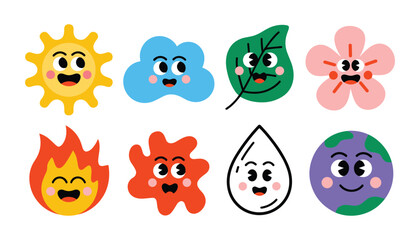 Obraz premium Elemental vector icons fire water earth air cute cartoon style graphics