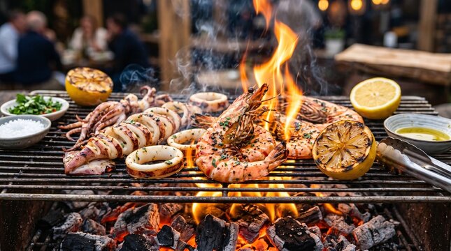 Premium fresh seafood mix of prawns and squid roasting on a flaming barbecue grill with sliced lemons