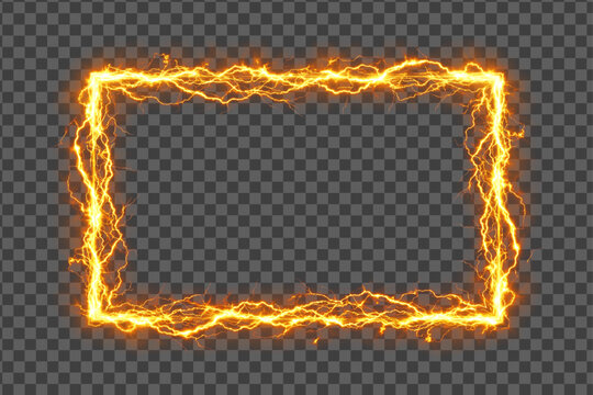 Orange electric lightning rectangle frame transparent neon light effect PNG