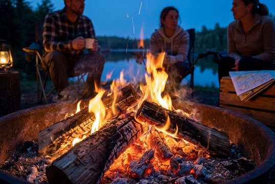 Friends sit by a bright campfire near still water, spending a screen-free evening outdoors with mugs and a paper map.