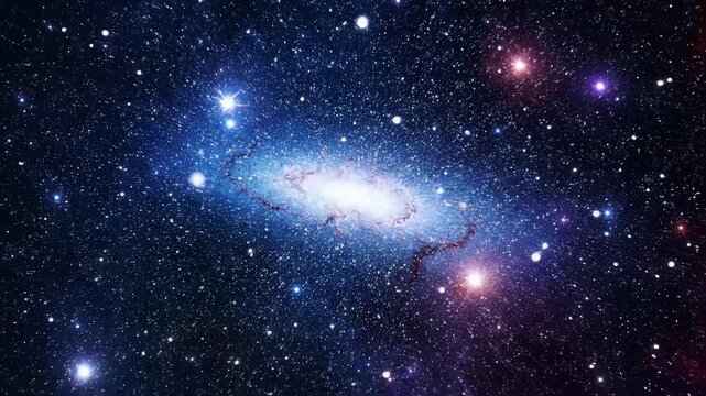 Deep space galaxy nebula glow with bright star cluster and glowing cosmic gas clouds in vast dark universe